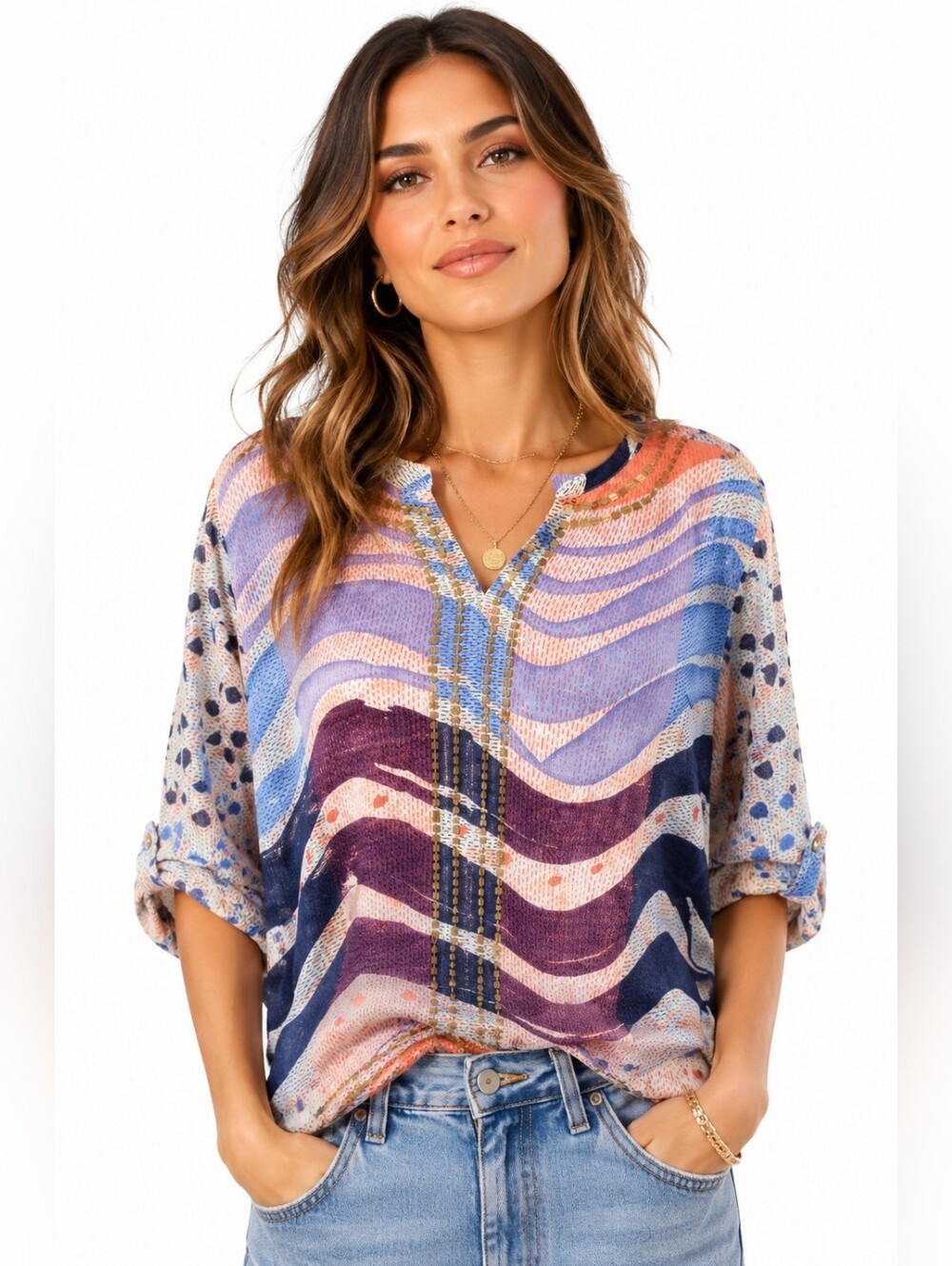 Chico’s Multicolor Art To Wear Tunic Blouse – Size 1 (Medium) abstract summer